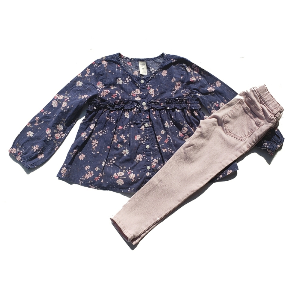 Carters Shirt Pants Size 5T Floral Pink Denim